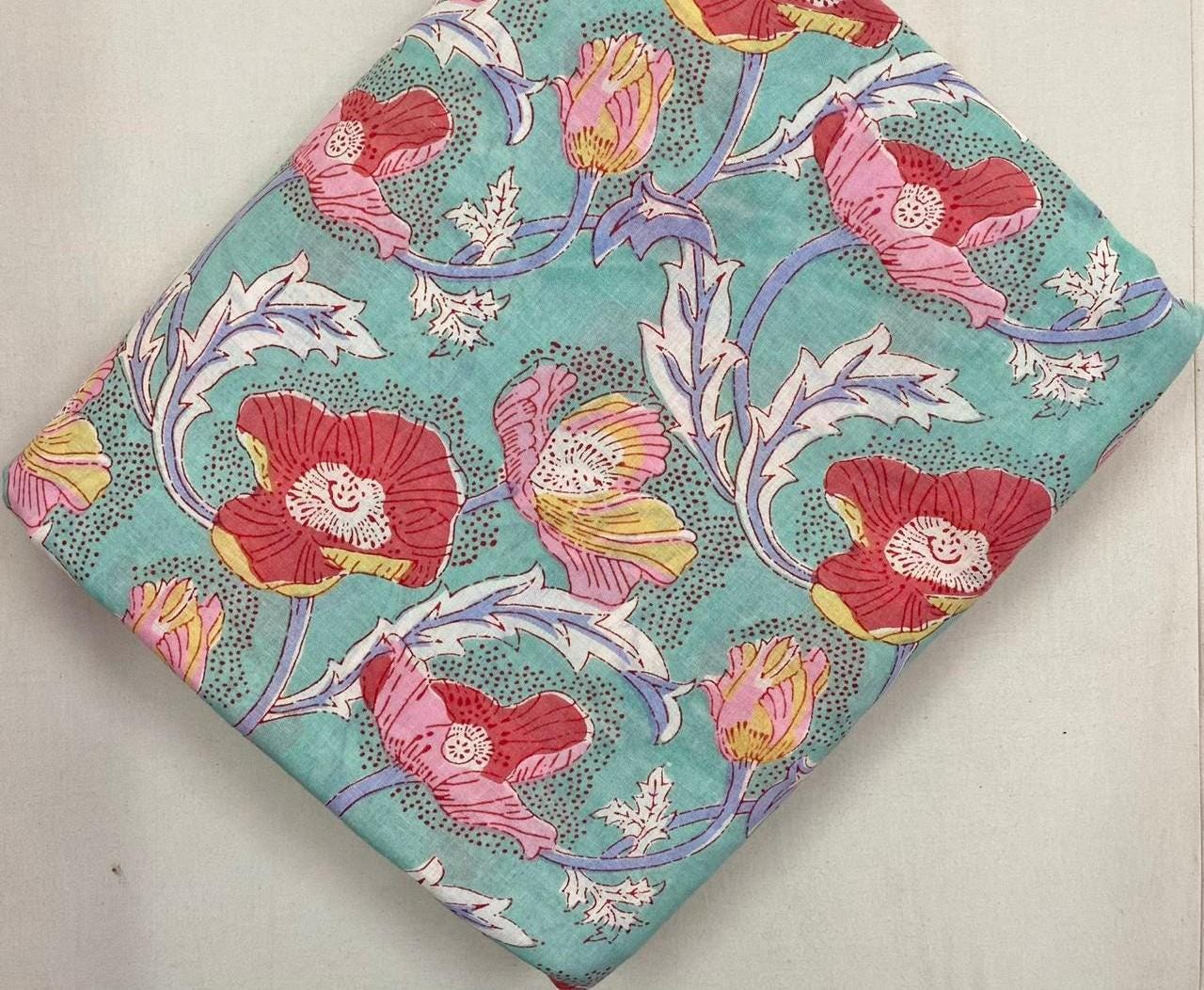 Teal Floral Cotton Fabric by Yard, Red Pink Flower Print Fabric, Indian Block Print Cotton, Boho Dressmaking Quilting, Loose Running Fabric
