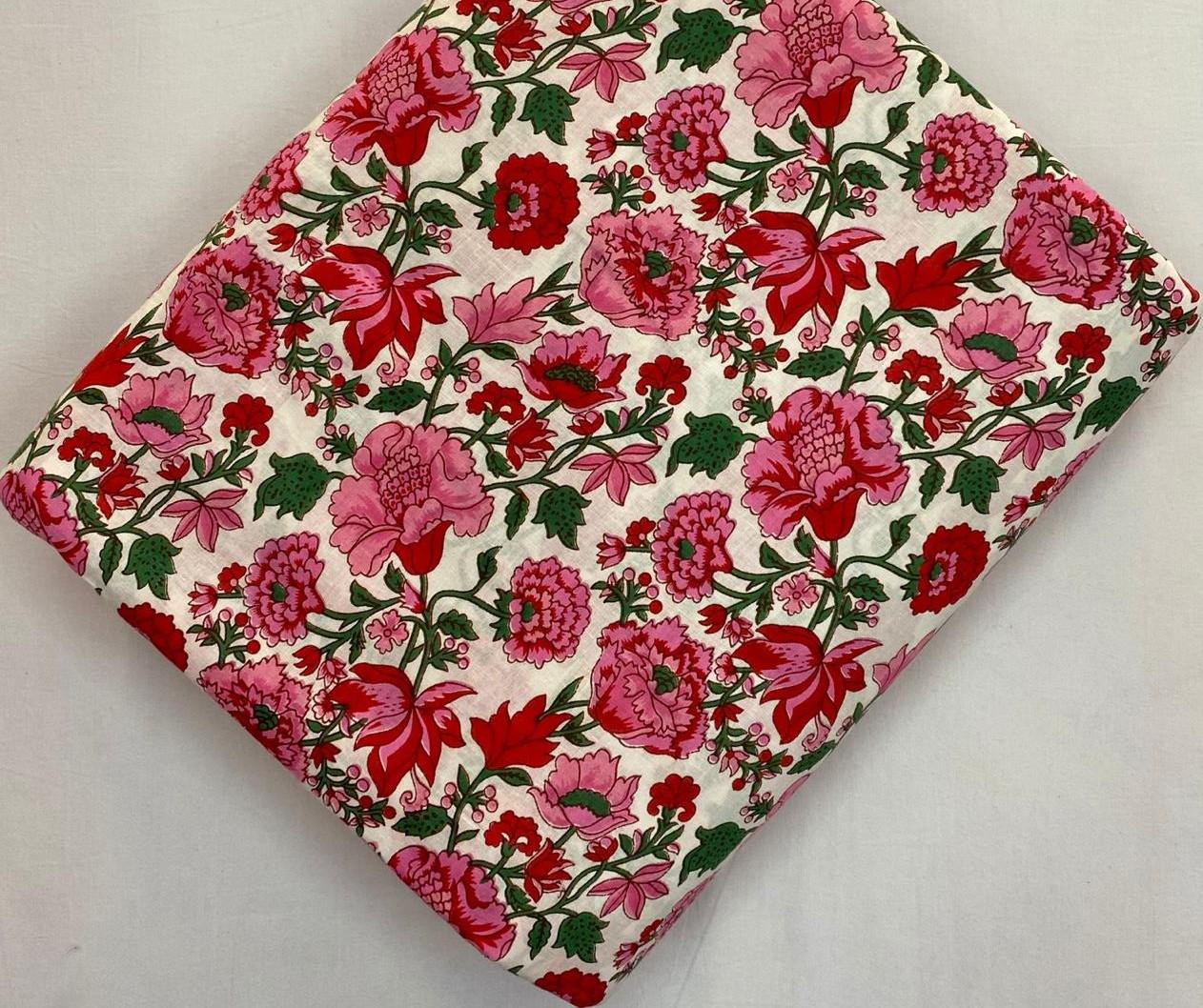 Red Pink Floral Cotton Fabric by Yard, Vintage Flower Print on Cream Base, Indian Block Print Cotton, Quilting Dressmaking Craft Fabric