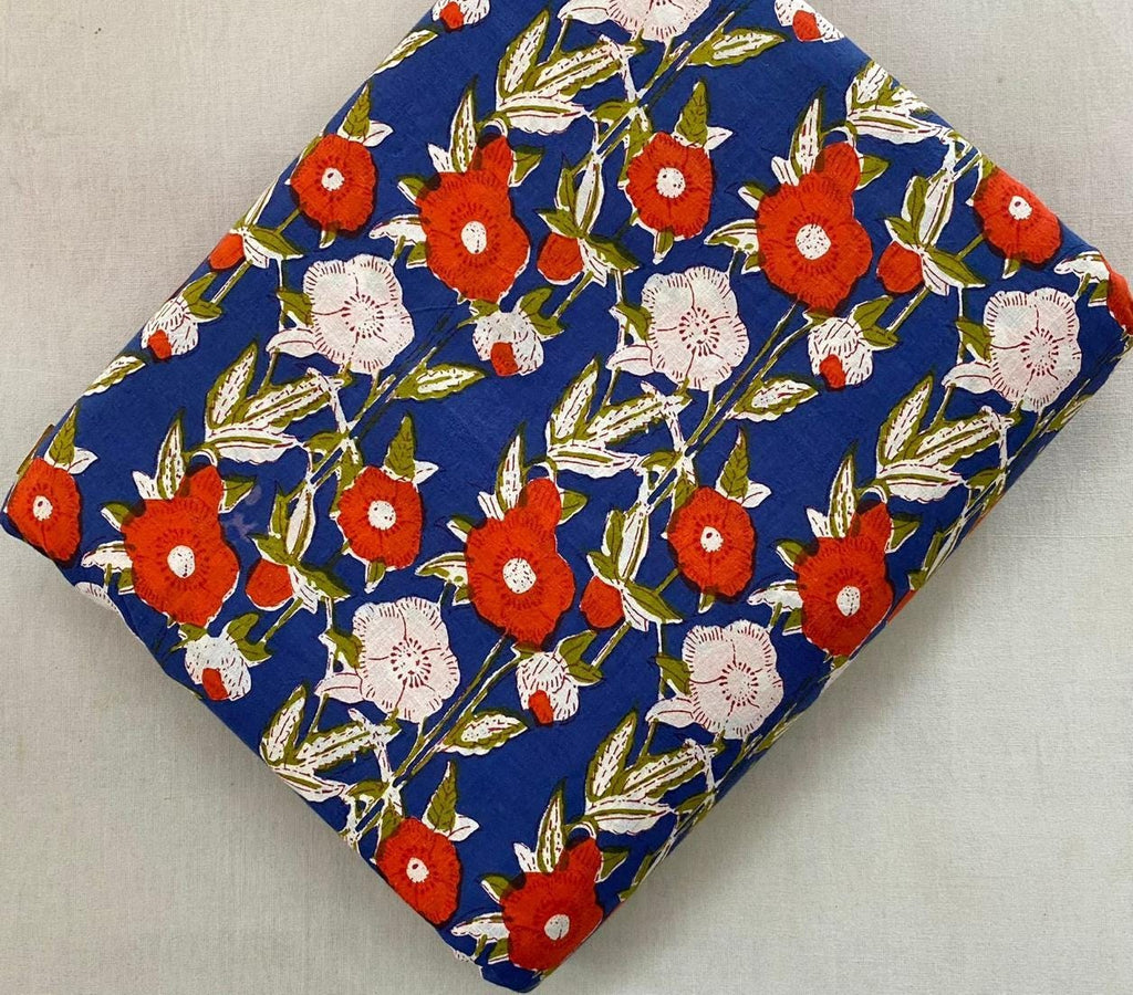 Navy Blue Floral Cotton Fabric by Yard, Red White Flower Print Fabric, Indian Block Print Cotton, Quilting Sewing Dressmaking Craft Material
