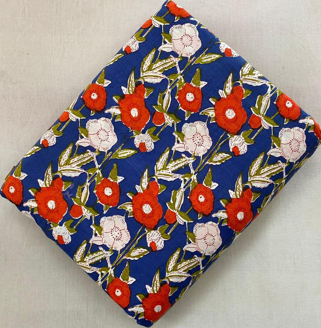 Navy Blue Floral Cotton Fabric by Yard, Red White Flower Print Fabric, Indian Block Print Cotton, Quilting Sewing Dressmaking Craft Material