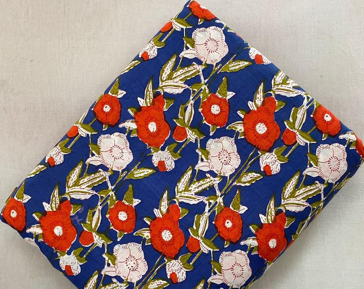 Navy Blue Floral Cotton Fabric by Yard, Red White Flower Print Fabric, Indian Block Print Cotton, Quilting Sewing Dressmaking Craft Material