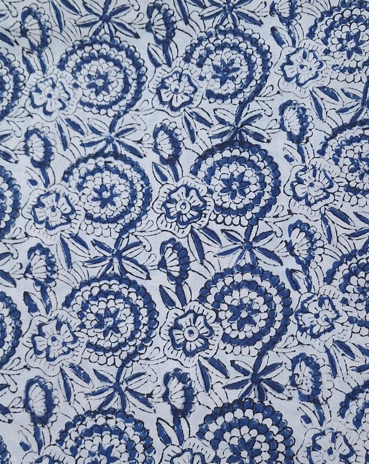 Blue Floral Block Print Cotton Fabric, Indian Hand Block Print Fabric by Yard, Boho Floral Cotton Fabric, Jaipur Print Quilting Craft Fabric