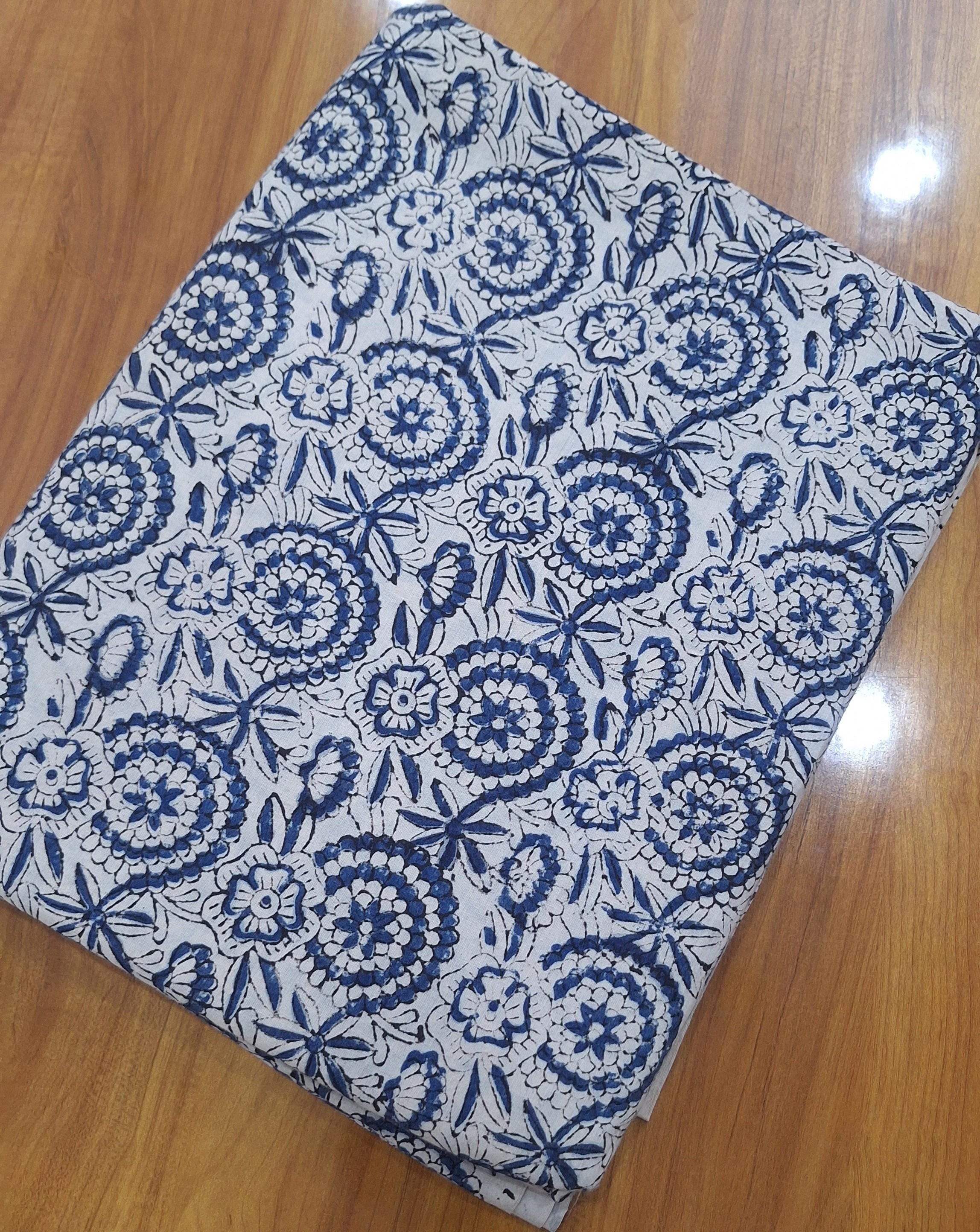 Blue Floral Block Print Cotton Fabric, Indian Hand Block Print Fabric by Yard, Boho Floral Cotton Fabric, Jaipur Print Quilting Craft Fabric