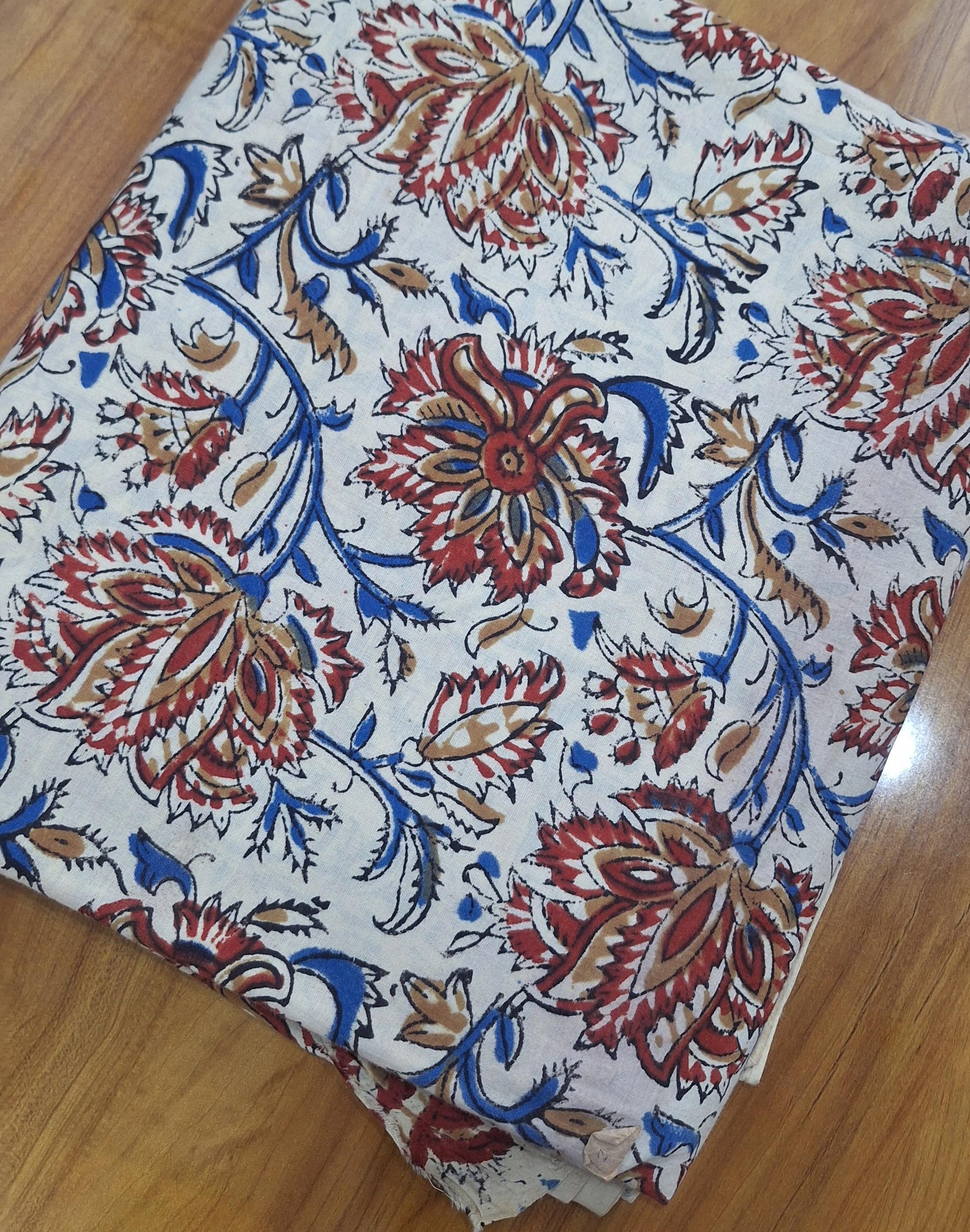 Indian Floral Block Print Cotton Fabric, Red Blue Botanical Cotton Fabric, Natural Cotton Fabric for Sewing, Dressmaking Fabric by Yard