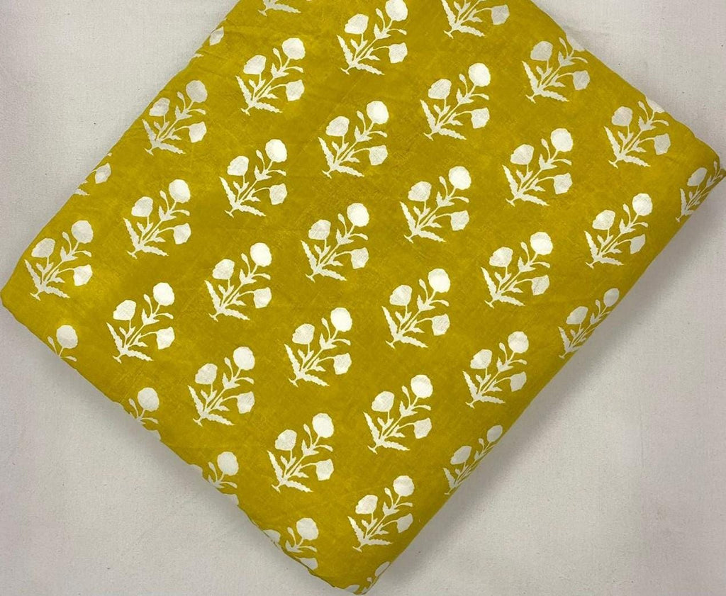 Mustard Yellow Floral Cotton Fabric by Yard, Hand Block Print Fabric, Indian Cotton Fabric, Boho Dress Sewing Material & Craft Fabric