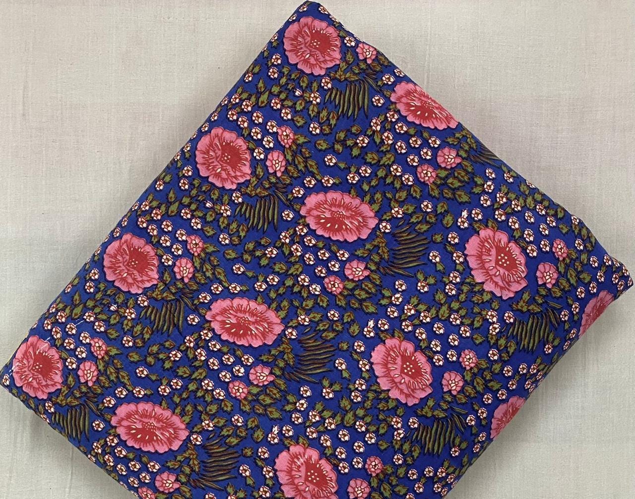 Blue Floral Cotton Fabric by Yard, Pink Flower Print Fabric, Indian Block Print Cotton, Boho Dressmaking Fabric, Quilting Napkins, Runner