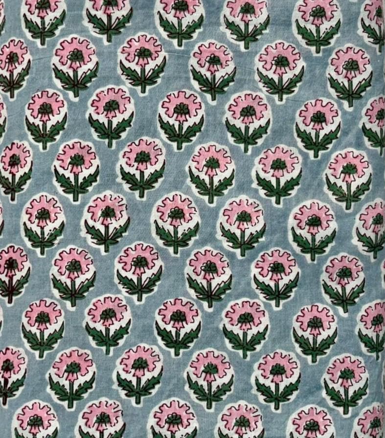 Light Blue Floral Cotton Fabric by Yard, Pink Flower Block Print Fabric, Indian Hand Block Cotton, Boho Dressmaking Quilting & Craft Fabric