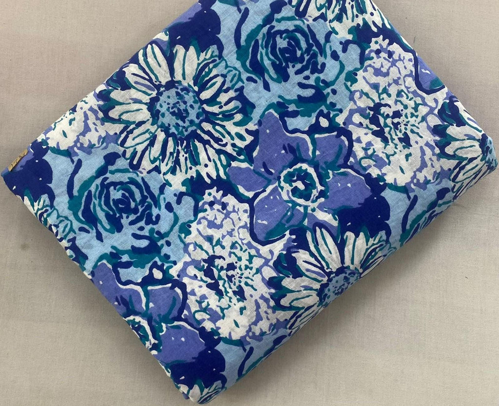 Blue Floral Cotton Fabric, Vintage Flower Print Fabric, Indian Cotton Fabric, Block Print Style Fabric Craft Fabric, Dress Upholstery Fabric