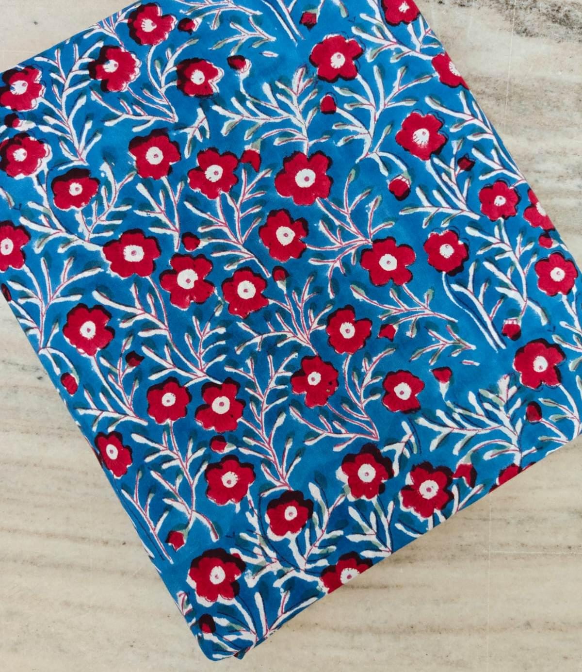Blue Floral Cotton Fabric, Hand Block Print Fabric, Red Flower Cotton Cloth, Indian Cotton Dressmaking Fabric Quilting Fabric by Yard Sarong