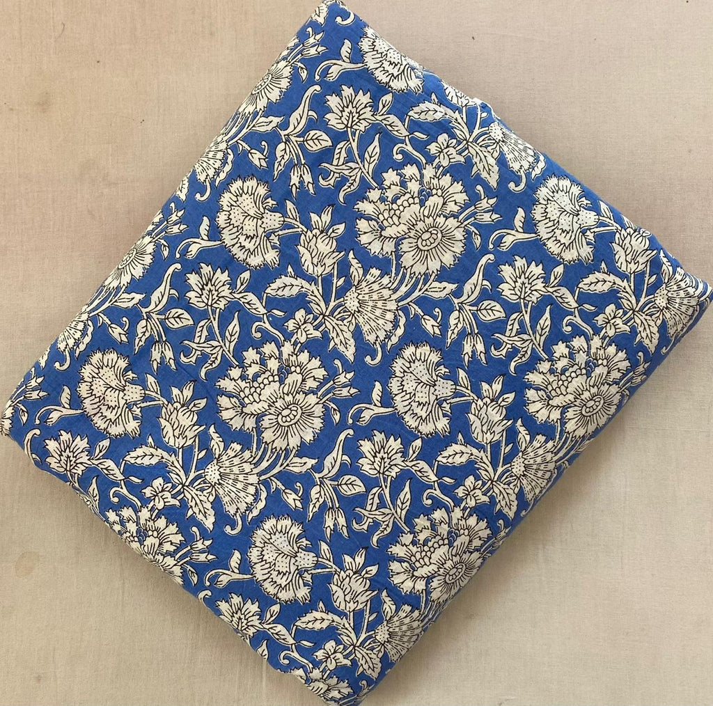 Blue Floral Cotton Fabric, Hand Block Print Fabric, Indian Cotton Fabric by Yard, Vintage Floral Fabric, Quilting Fabric, Cotton Textile