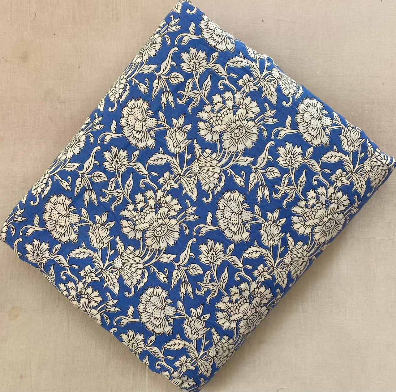 Blue Floral Cotton Fabric, Hand Block Print Fabric, Indian Cotton Fabric by Yard, Vintage Floral Fabric, Quilting Fabric, Cotton Textile