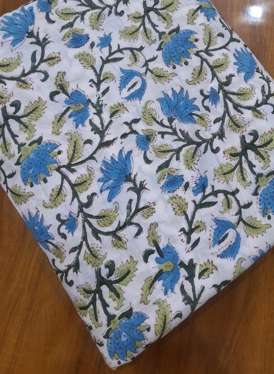 Blue Floral Cotton Fabric by the Yard, Hand Block Print Cotton Fabric, Indian Floral Fabric, Soft Cotton Dressmaking Fabric, Napkins Fabric