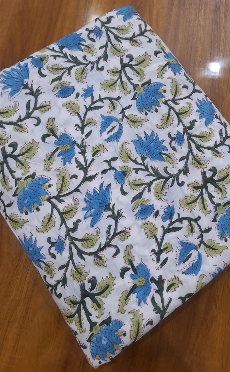 Blue Floral Cotton Fabric by the Yard, Hand Block Print Cotton Fabric, Indian Floral Fabric, Soft Cotton Dressmaking Fabric, Napkins Fabric