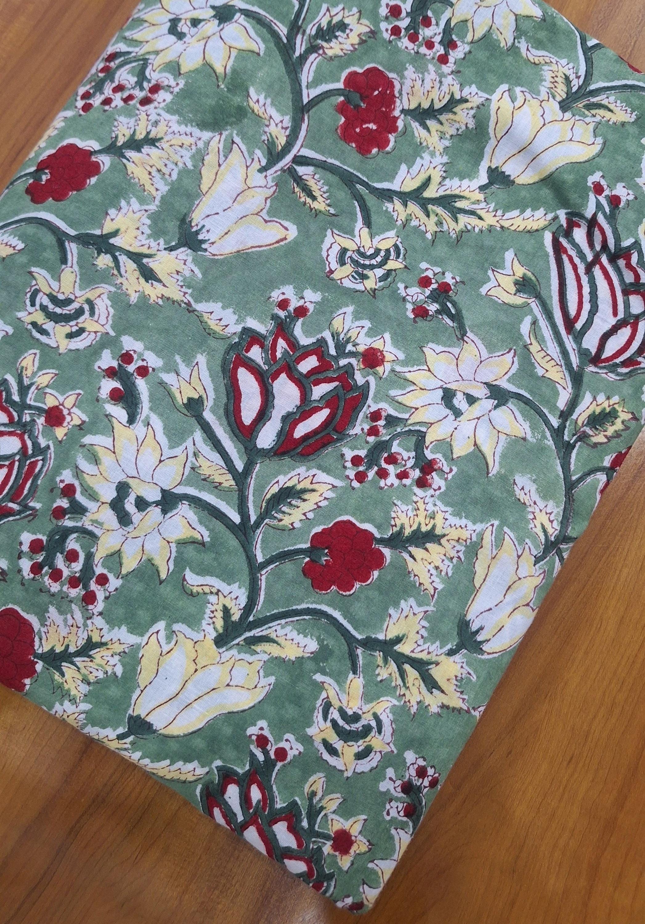 Green Floral Cotton Fabric, Hand Block Print Fabric, Indian Cotton Cloth, Soft Lightweight Fabric for Dressmaking, Quilting & DIY Crafts