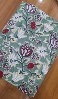 Green Floral Cotton Fabric, Hand Block Print Fabric, Indian Cotton Cloth, Soft Lightweight Fabric for Dressmaking, Quilting & DIY Crafts