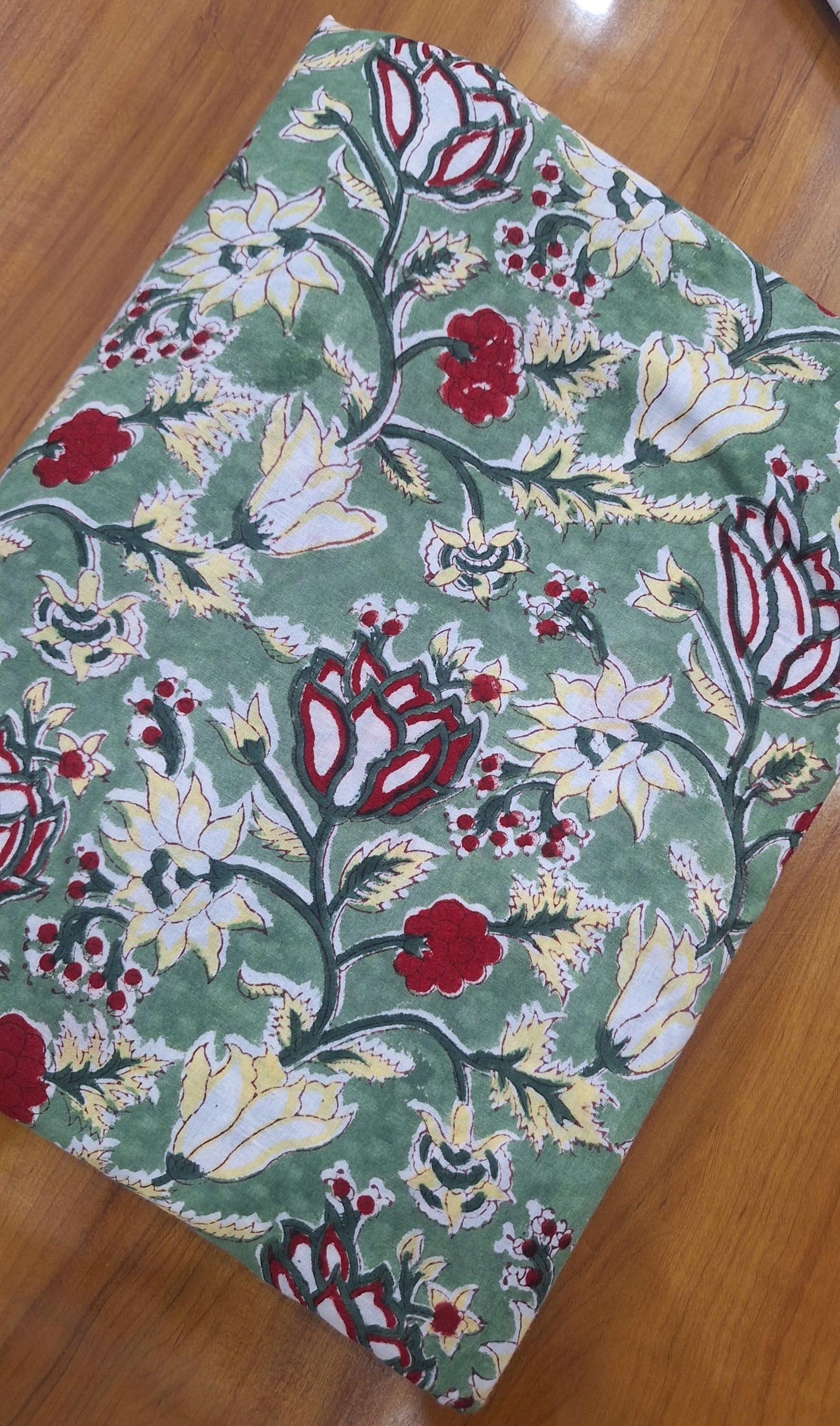 Green Floral Cotton Fabric, Hand Block Print Fabric, Indian Cotton Cloth, Soft Lightweight Fabric for Dressmaking, Quilting & DIY Crafts