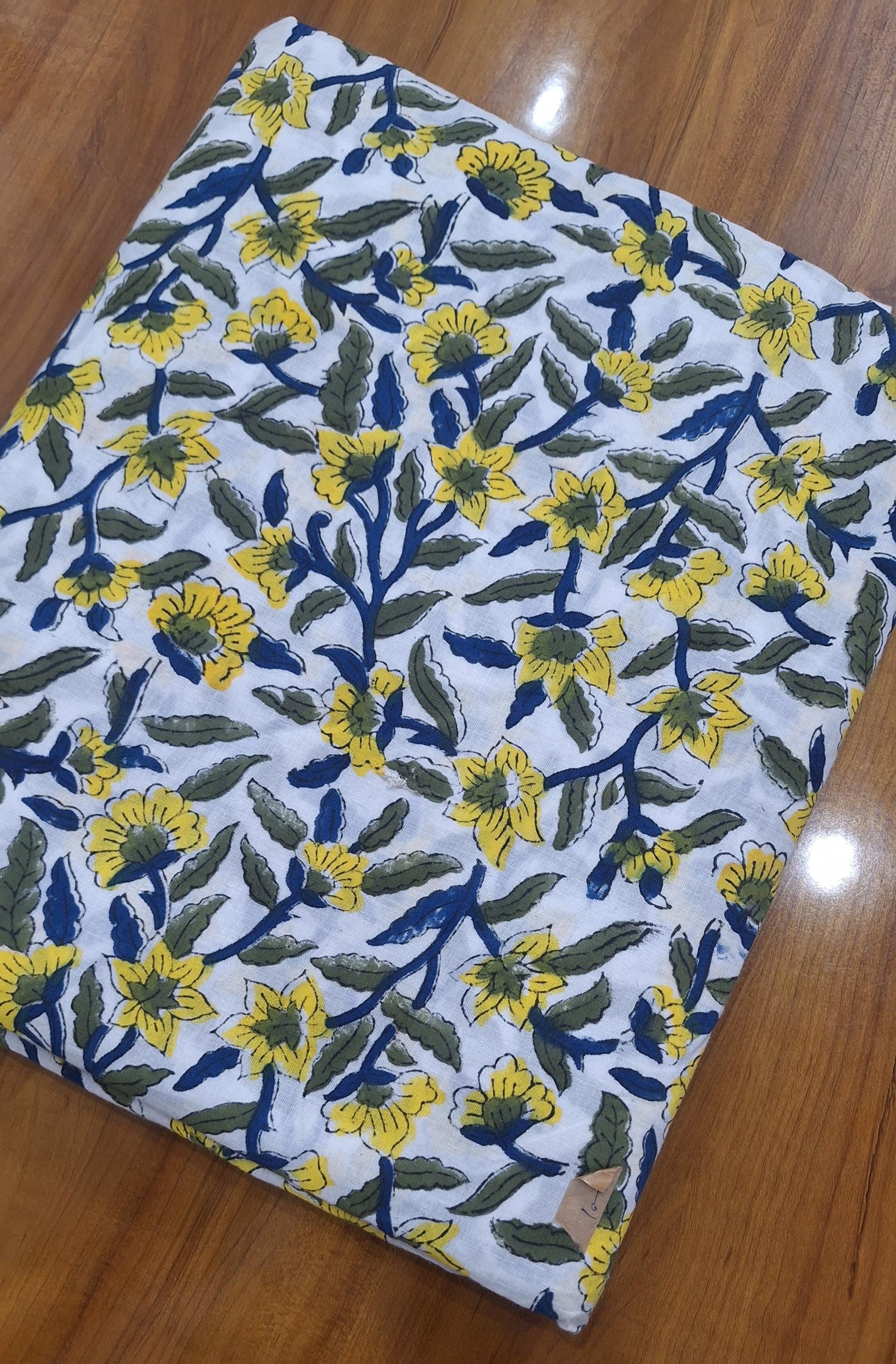 Yellow Floral Cotton Fabric, Hand Block Print Indian Fabric, Soft Lightweight Cotton Cloth for Dressmaking, Quilting, Sewing & DIY Crafts