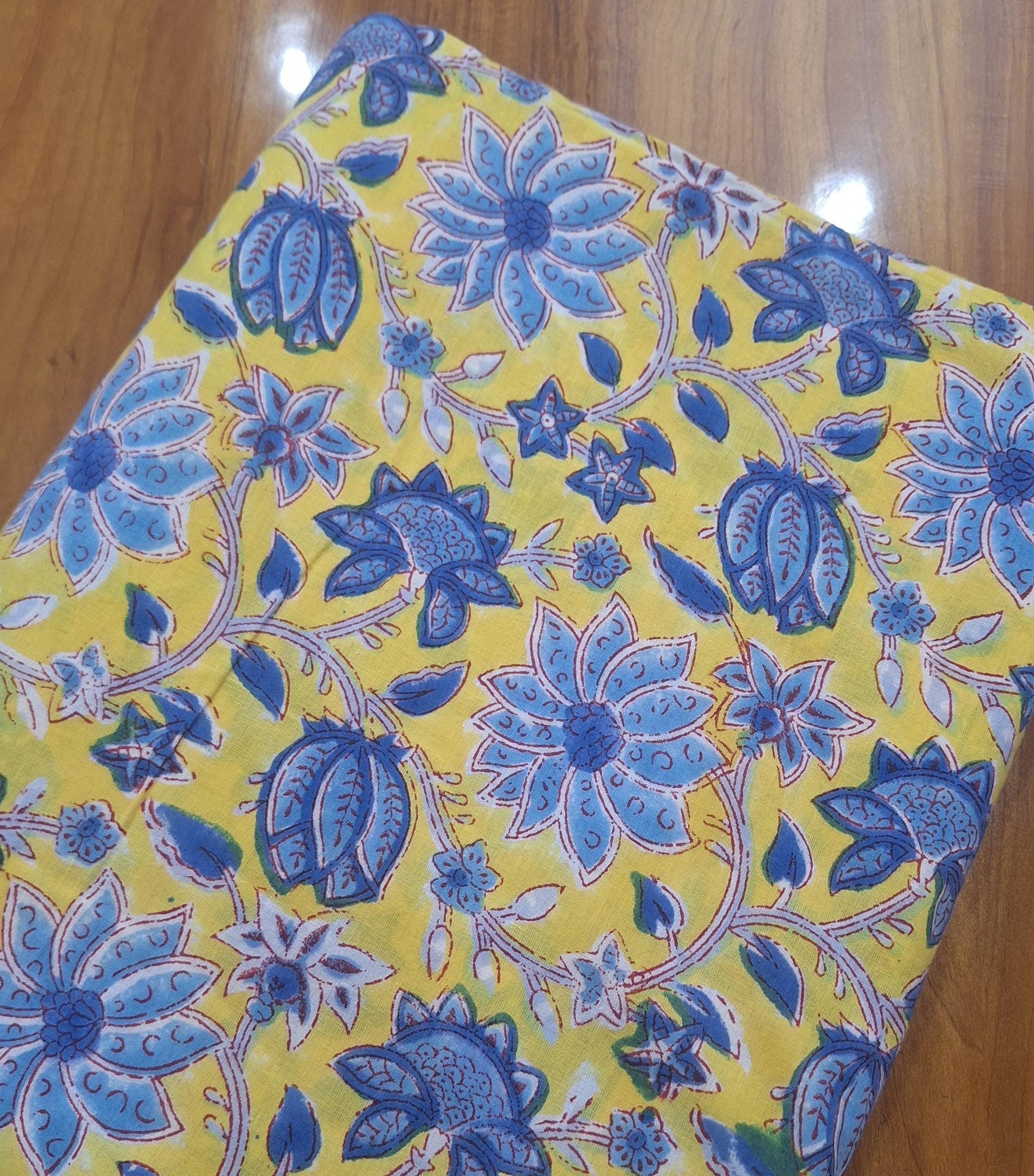 Yellow Blue Floral Cotton Fabric, Hand Block Print Indian Fabric, Soft Lightweight Cotton Cloth for Dressmaking, Quilting, Sewing Crafts