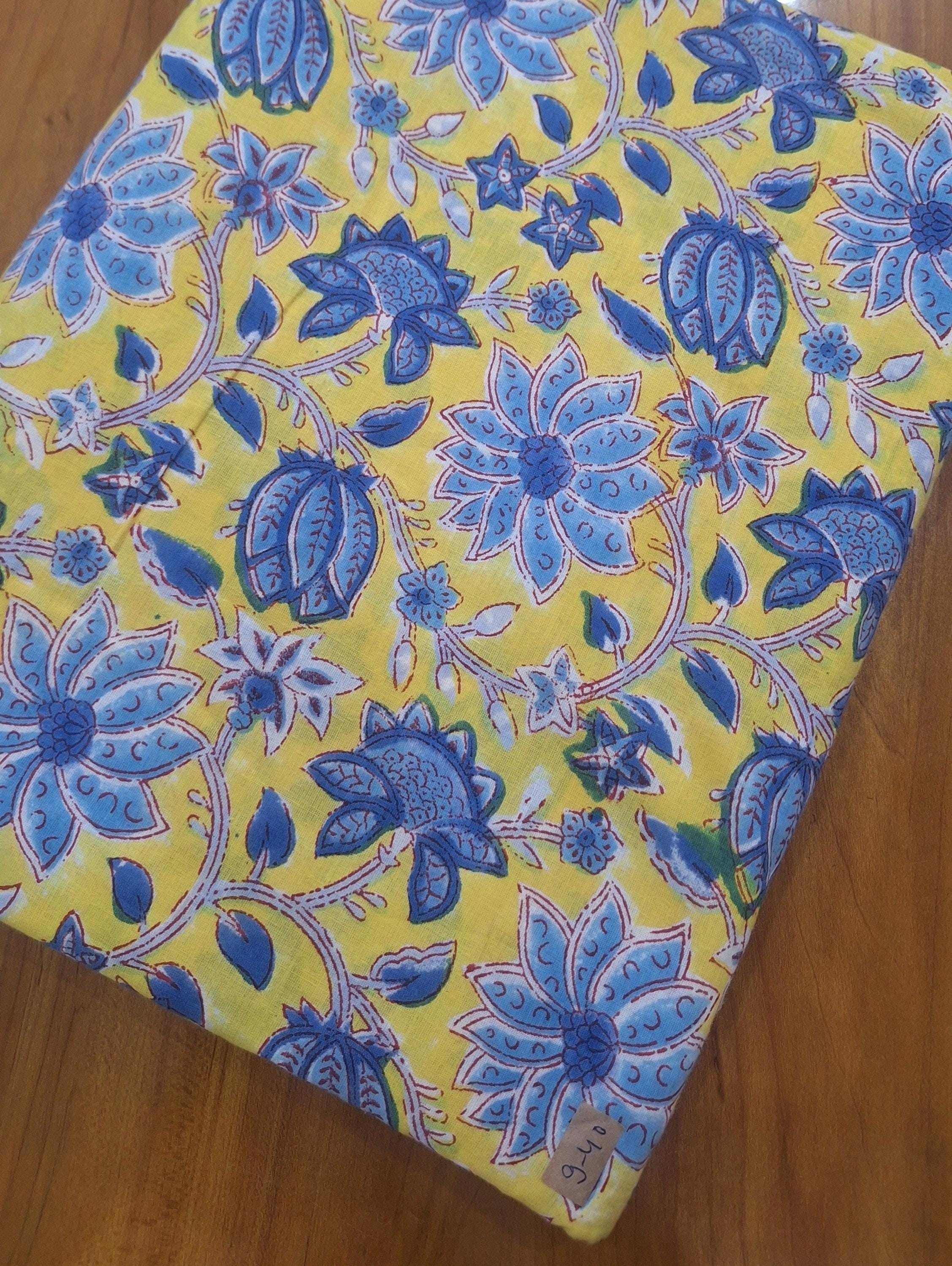 Yellow Blue Floral Cotton Fabric, Hand Block Print Indian Fabric, Soft Lightweight Cotton Cloth for Dressmaking, Quilting, Sewing Crafts