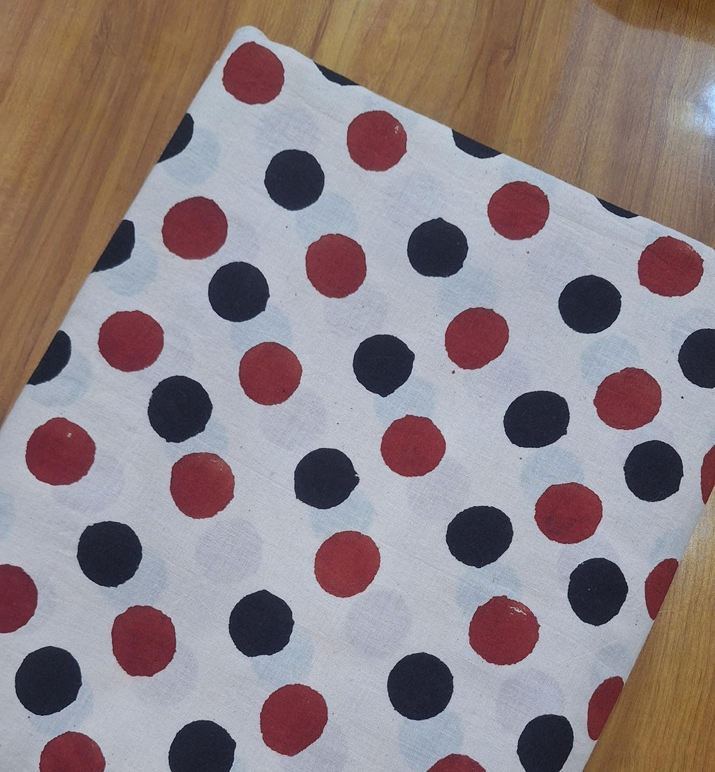 Hand Block Print Cotton Fabric, Red & Black Polka Dot, Soft Lightweight Fabric by the Yard, Apparel Textile, Quilting Sewing Dress Making