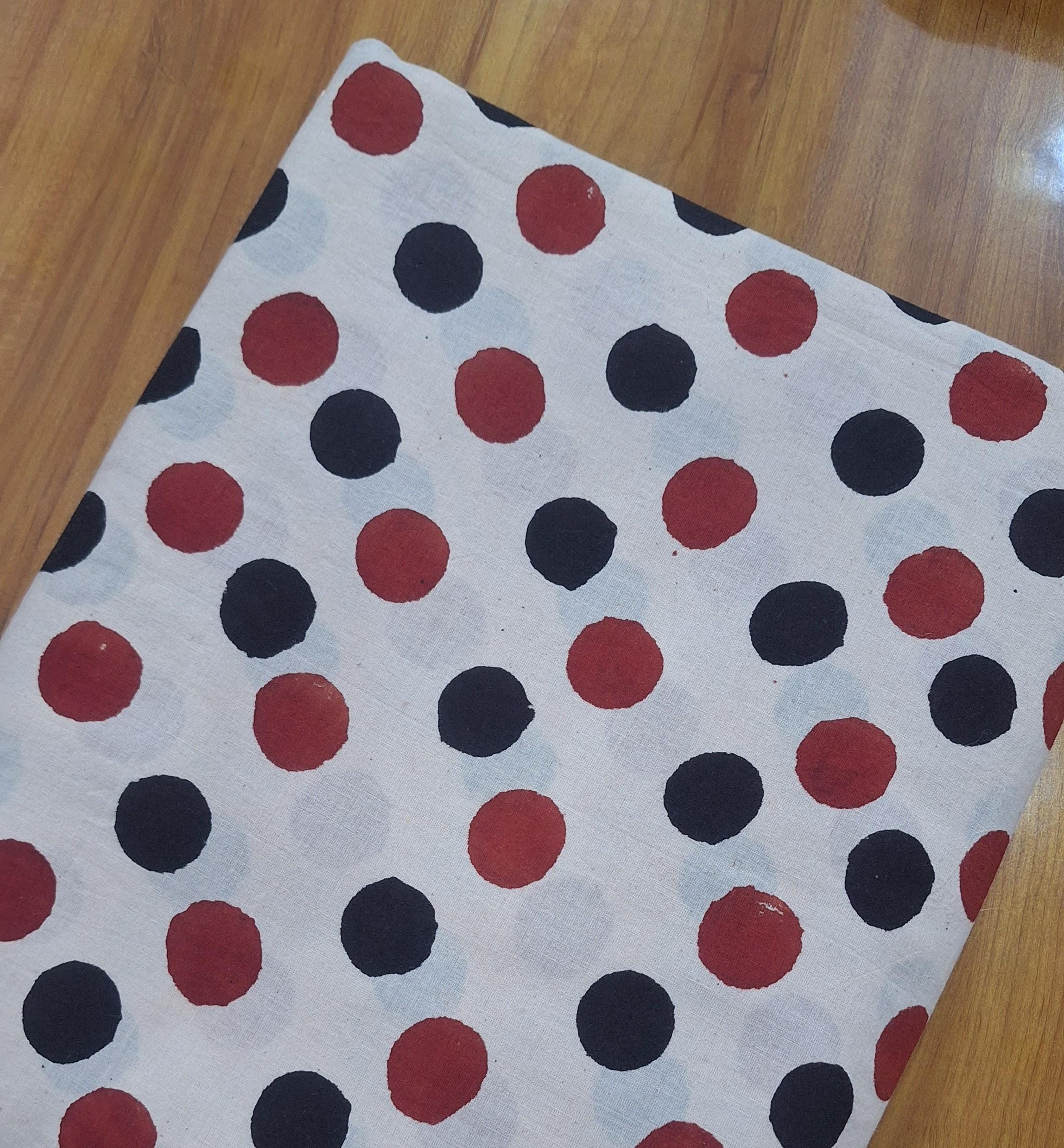 Hand Block Print Cotton Fabric, Red & Black Polka Dot, Soft Lightweight Fabric by the Yard, Apparel Textile, Quilting Sewing Dress Making