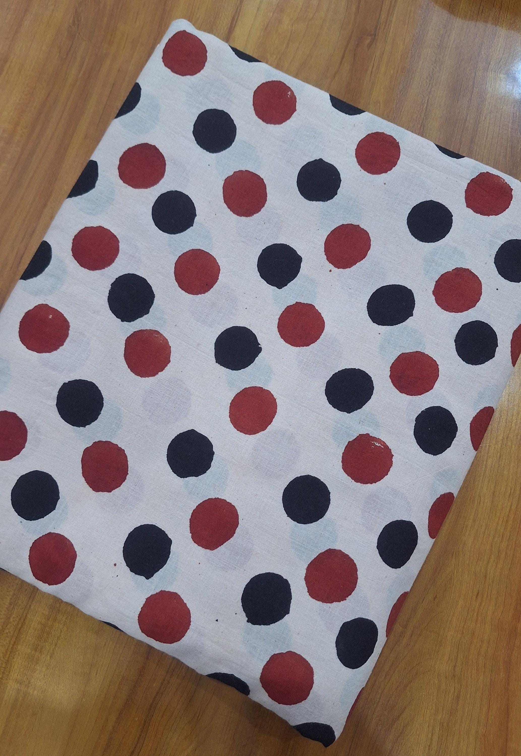 Hand Block Print Cotton Fabric, Red & Black Polka Dot, Soft Lightweight Fabric by the Yard, Apparel Textile, Quilting Sewing Dress Making