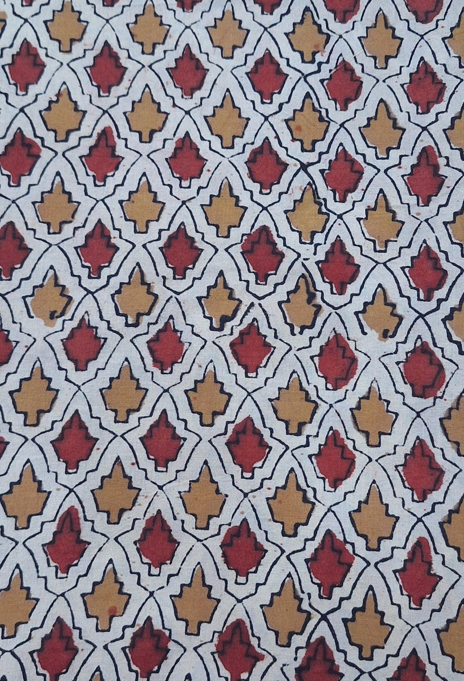 Hand Block Print Cotton Fabric, Rustic Leaf Motif, Red & Mustard Geometric Print, Lightweight Cotton by Yard, Quilting Sewing Dress Making