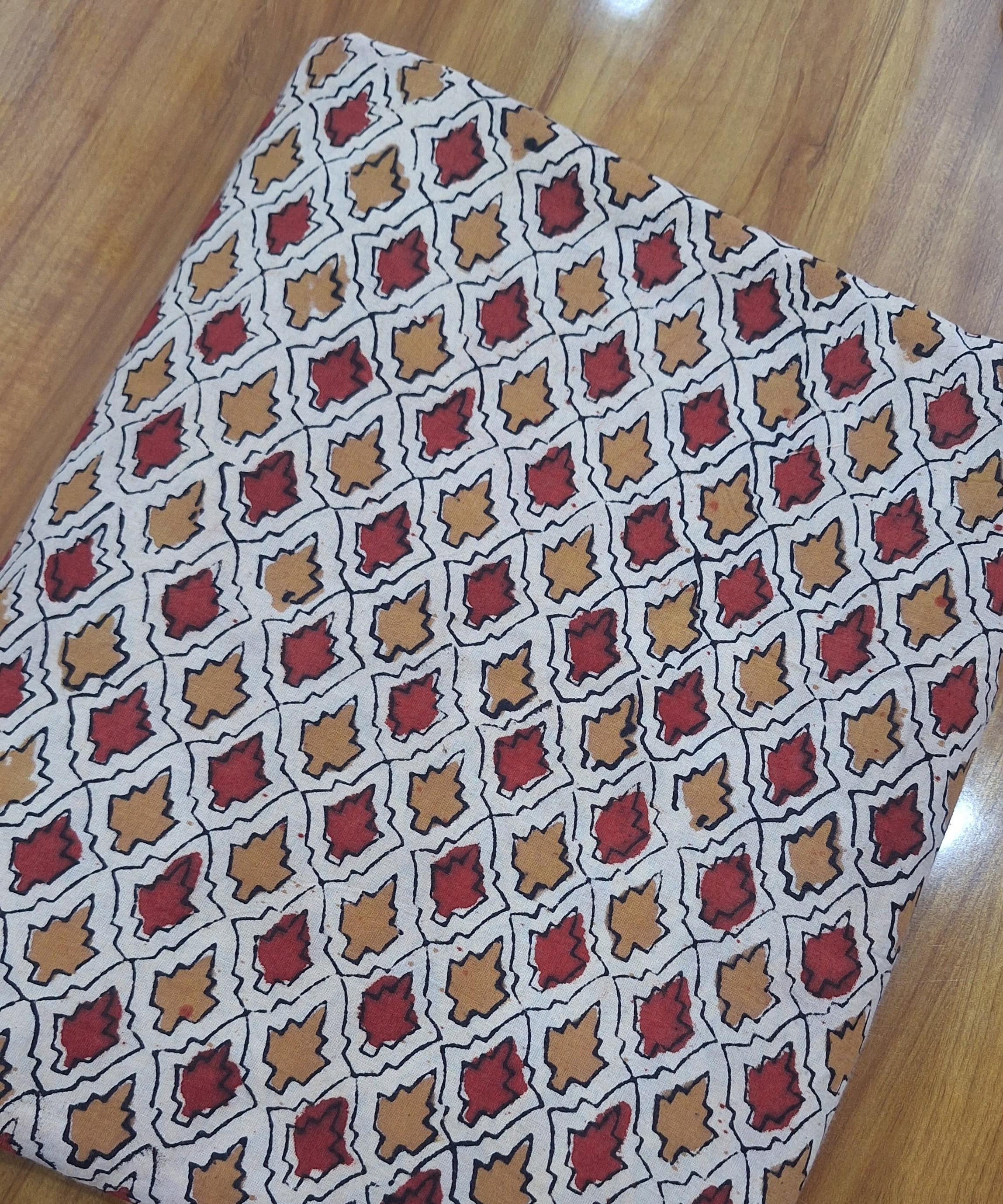 Hand Block Print Cotton Fabric, Rustic Leaf Motif, Red & Mustard Geometric Print, Lightweight Cotton by Yard, Quilting Sewing Dress Making