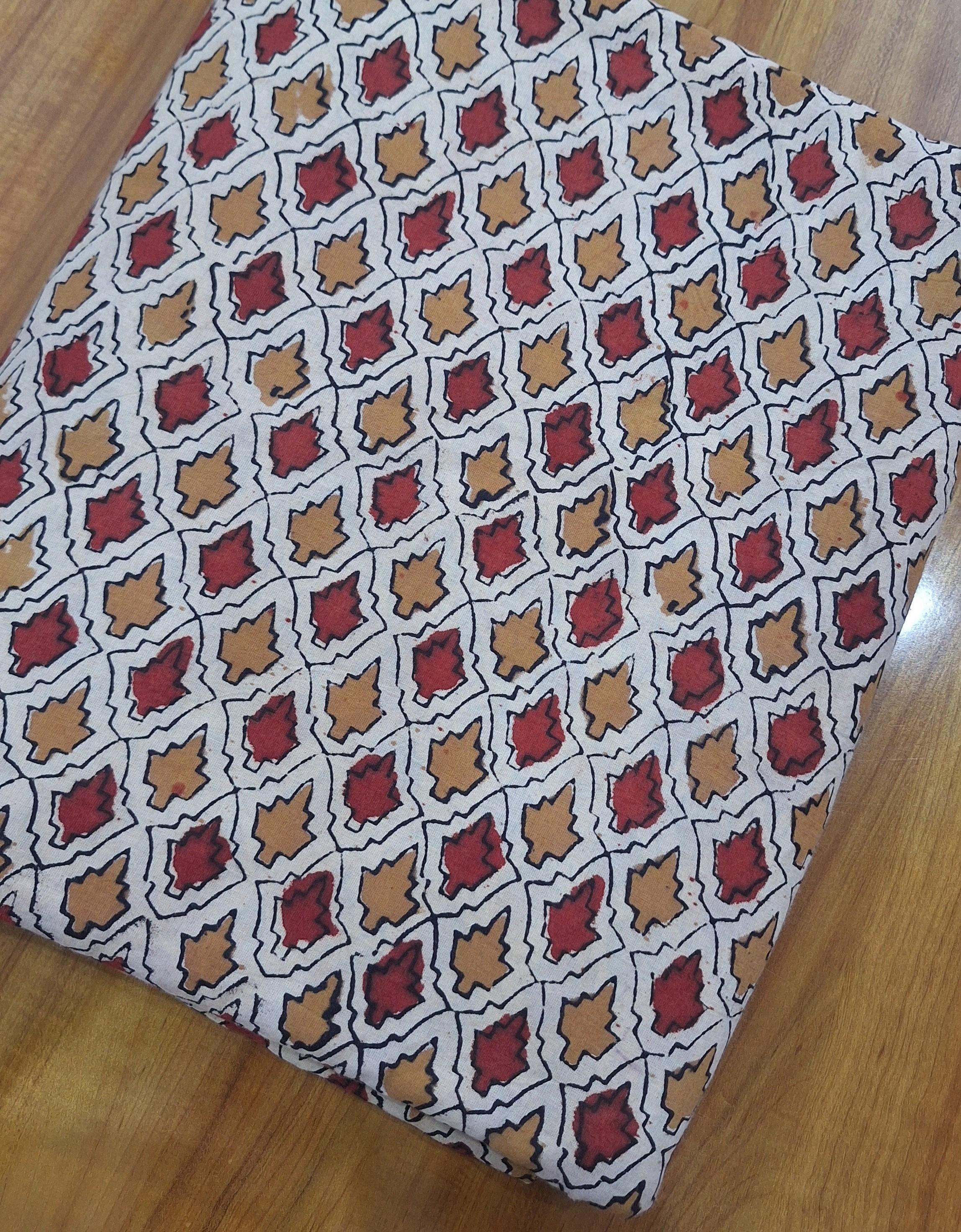 Hand Block Print Cotton Fabric, Rustic Leaf Motif, Red & Mustard Geometric Print, Lightweight Cotton by Yard, Quilting Sewing Dress Making