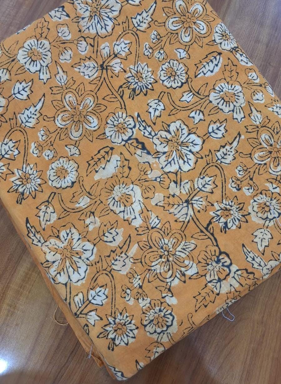 Mustard Floral Cotton Fabric, Vintage Flower Print Fabric, Botanical Cotton Fabric by Yard, Indian Block Print Fabric Sewing Quilting Fabric