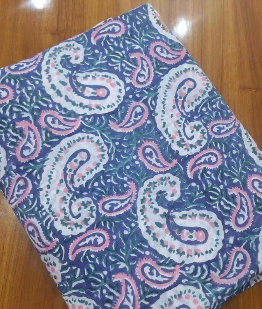 Blue Paisley Cotton Fabric, Indian Paisley Print Fabric by Yard, Boho Cotton Fabric, Block Print Style Fabric for Quilting, Dressmaking