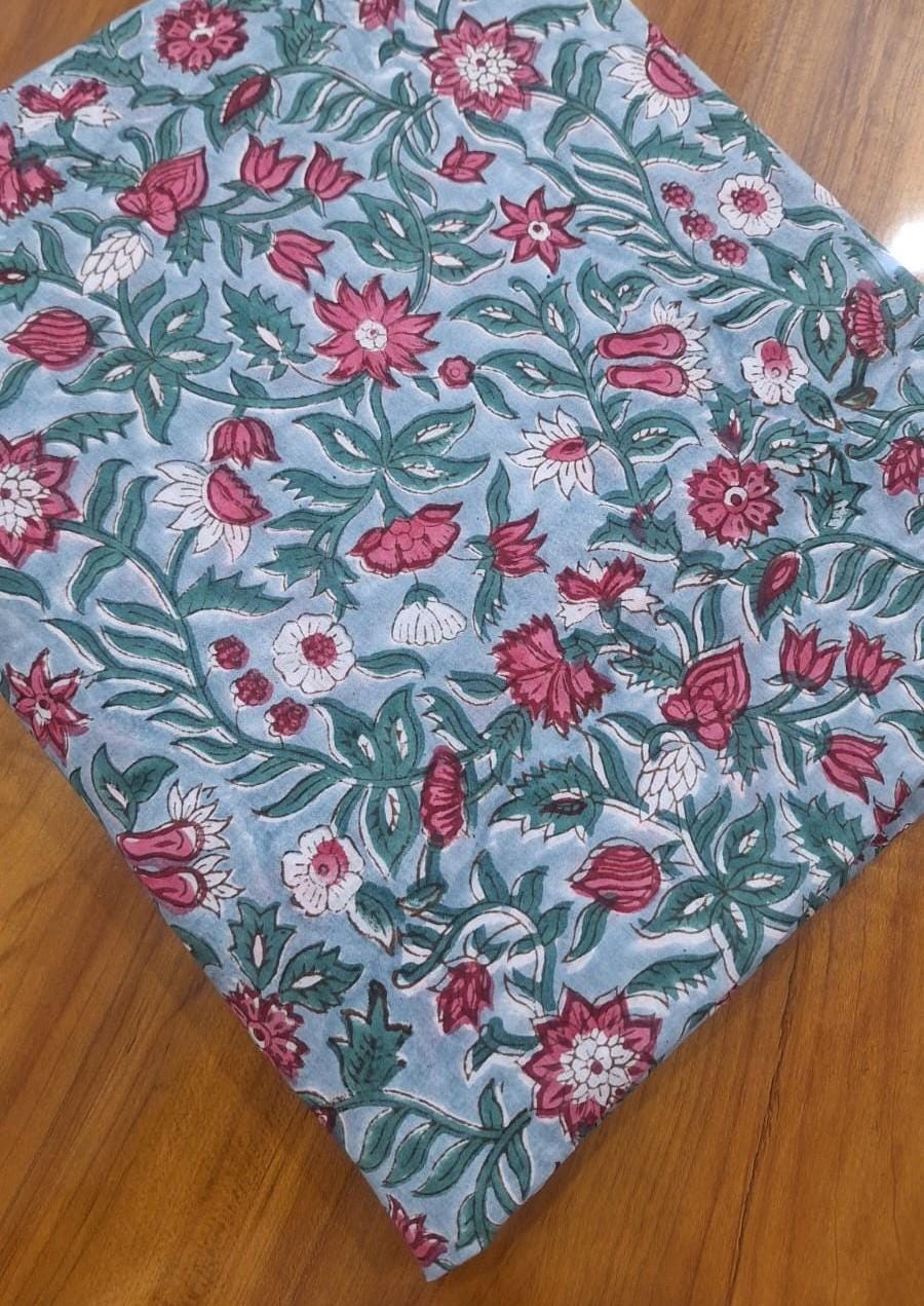 Light Blue Floral Cotton Fabric, Indian Block Print Fabric by Yard, Vintage Botanical Fabric, Soft Cotton Fabric, Dressmaking, Craft