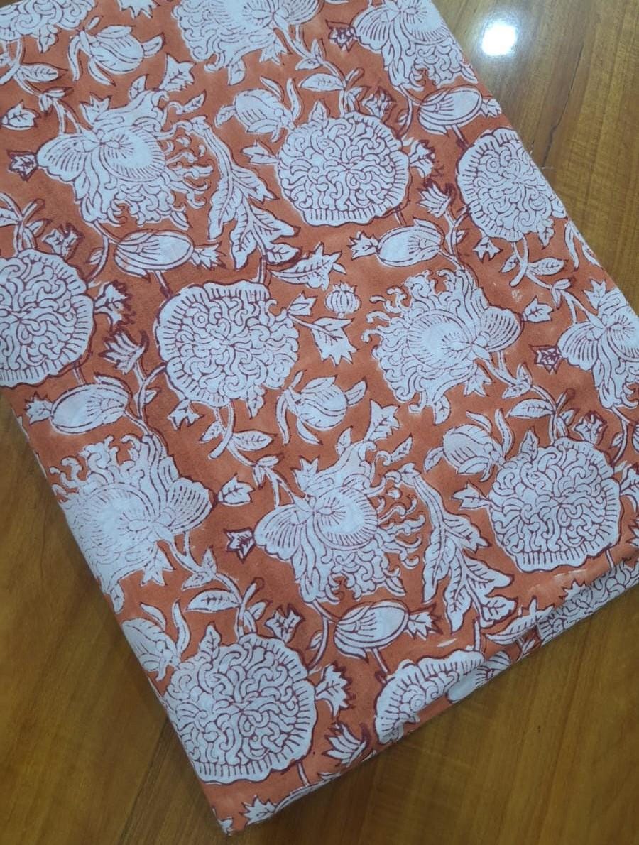 Green and White Cotton Fabric, Floral Block Print Fabric, Indian Hand Block Print Cotton Fabric by Yard, Boho Sewing Quilting Fabric, Napkin
