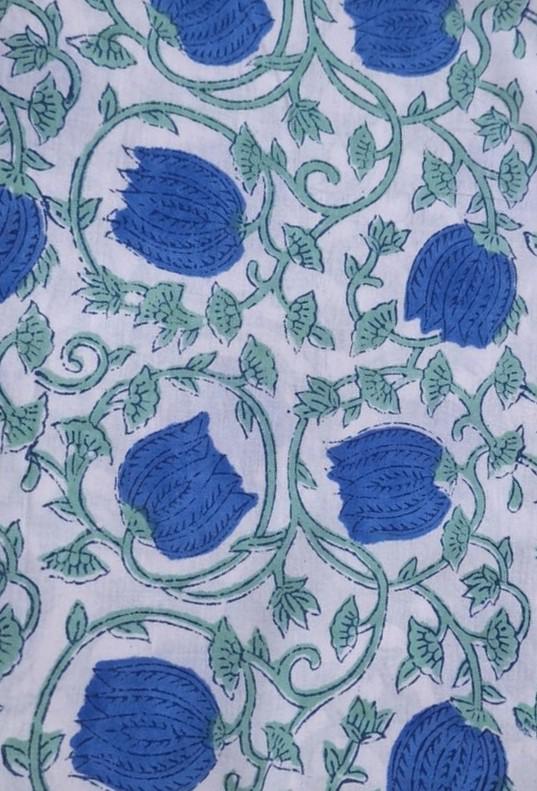 Soft Blue Floral Hand Block Print Cotton Fabric, Indian Cotton Fabric by Yard, Botanical Vine Print Fabric, Quilting Dressmaking Fabric