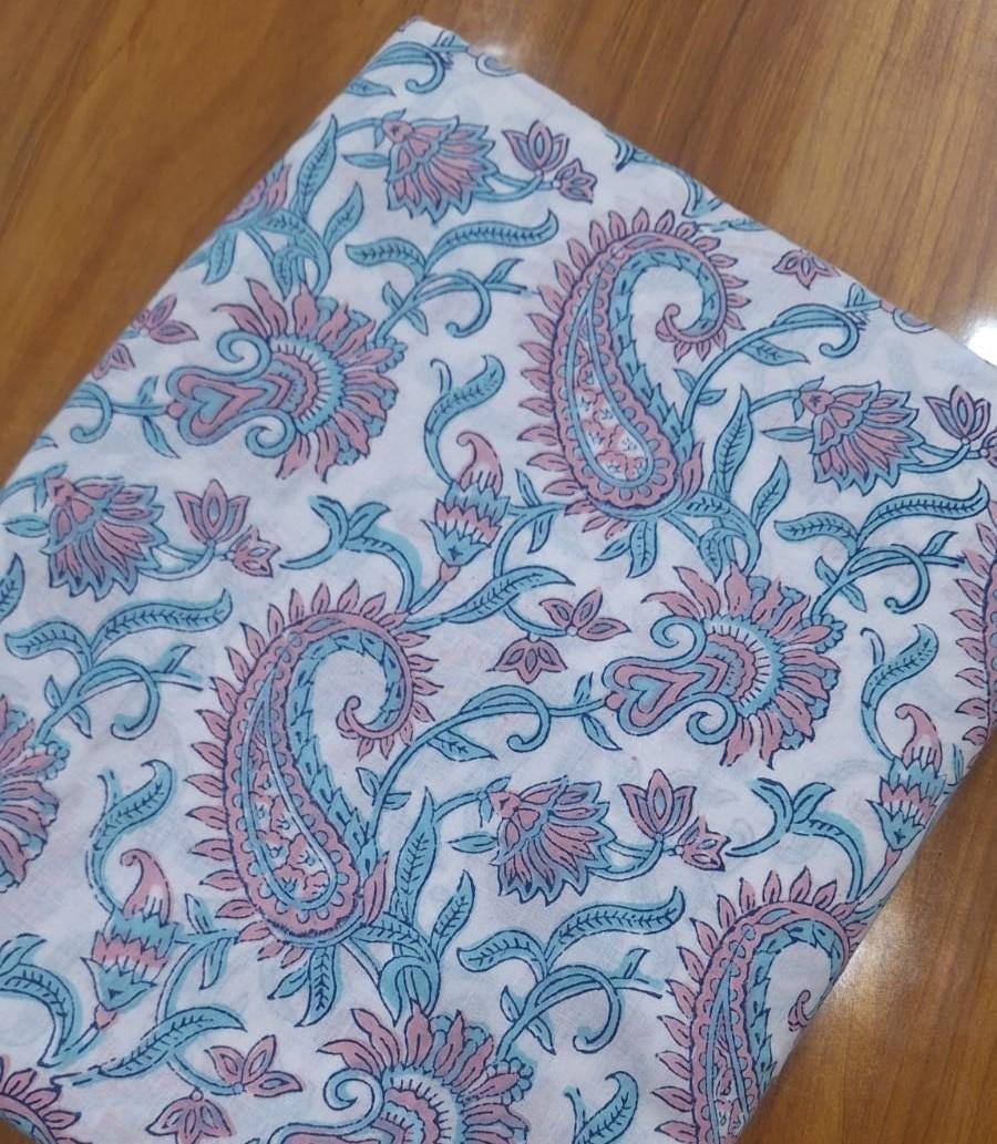 Paisley Floral Cotton Fabric, Hand Block Print Cotton Fabric, Indian Cotton Fabric by Yard, Pink Blue Boho Fabric, Quilting Sewing Fabric