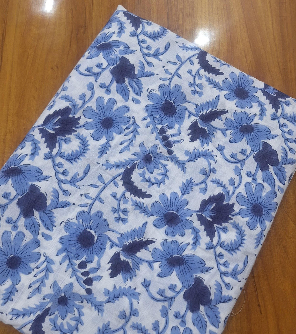 Blue Floral Cotton Fabric, Hand Block Print Fabric, Indian Cotton Textile, Soft Lightweight Fabric, Dressmaking Sewing Fabric, Craft Fabric