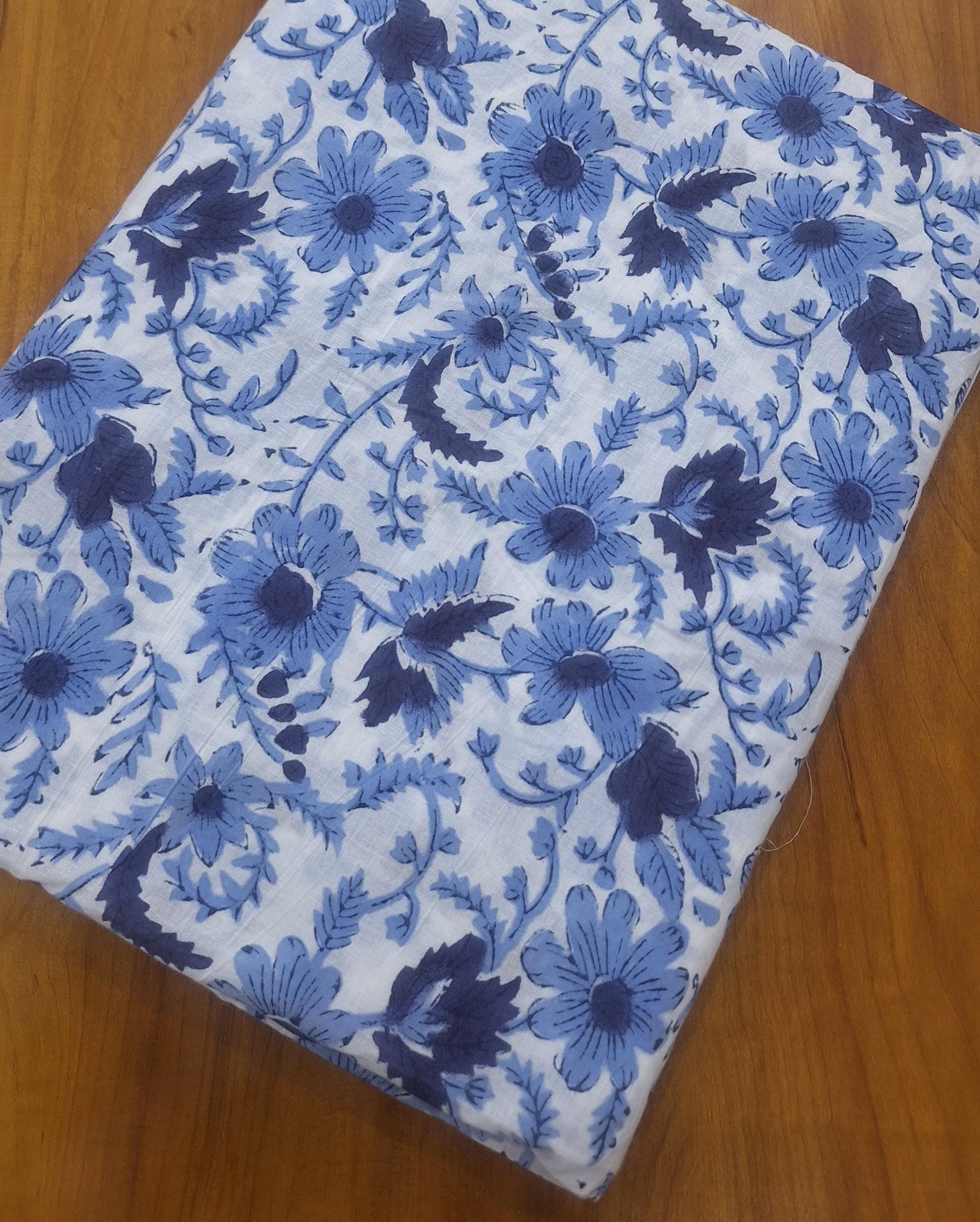Blue Floral Cotton Fabric, Hand Block Print Fabric, Indian Cotton Textile, Soft Lightweight Fabric, Dressmaking Sewing Fabric, Craft Fabric