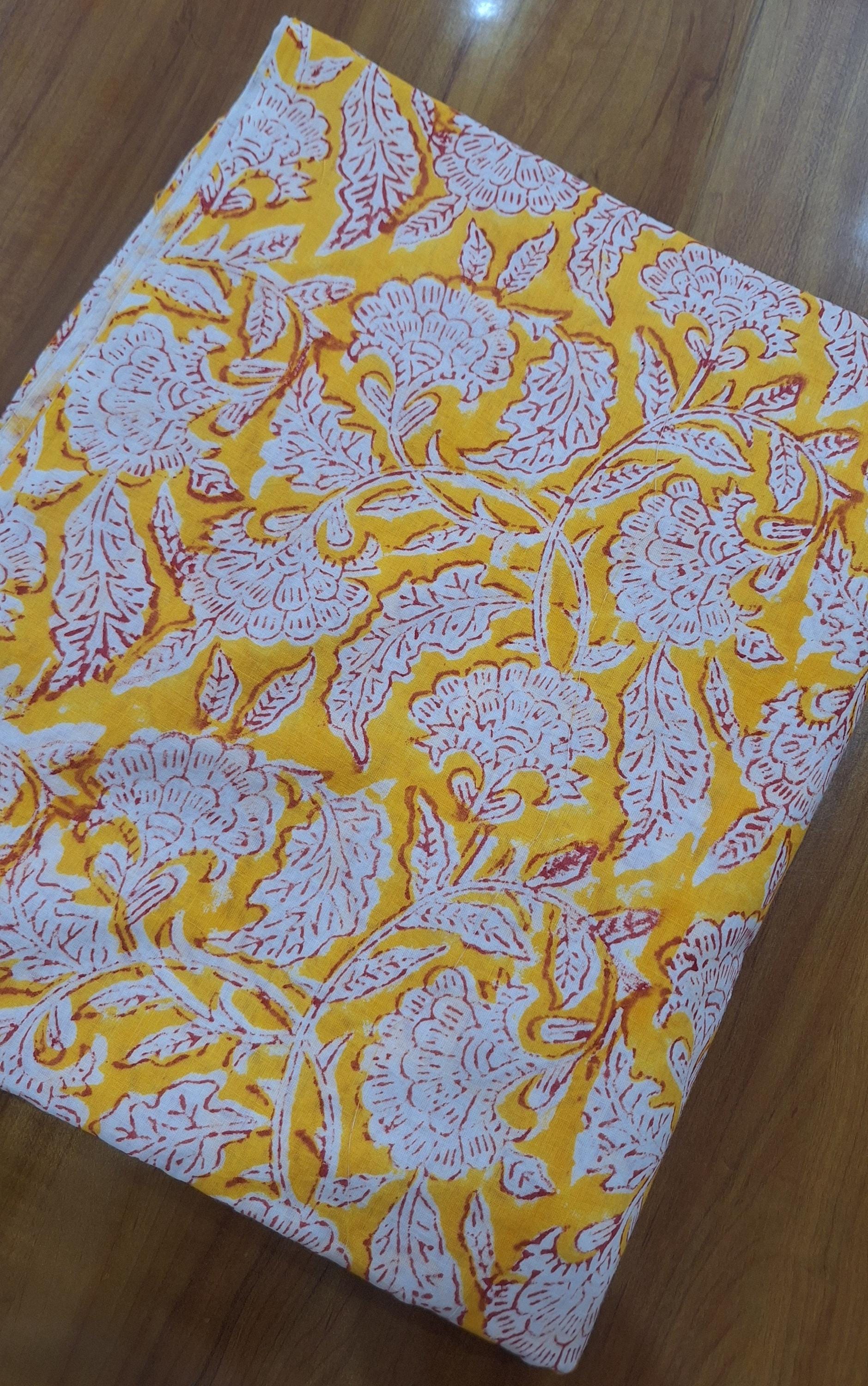 Yellow Floral Cotton Fabric, Hand Block Print Cotton, Indian Floral Fabric by the Yard, Summer Dress Fabric, Craft Sewing Material, Napkins