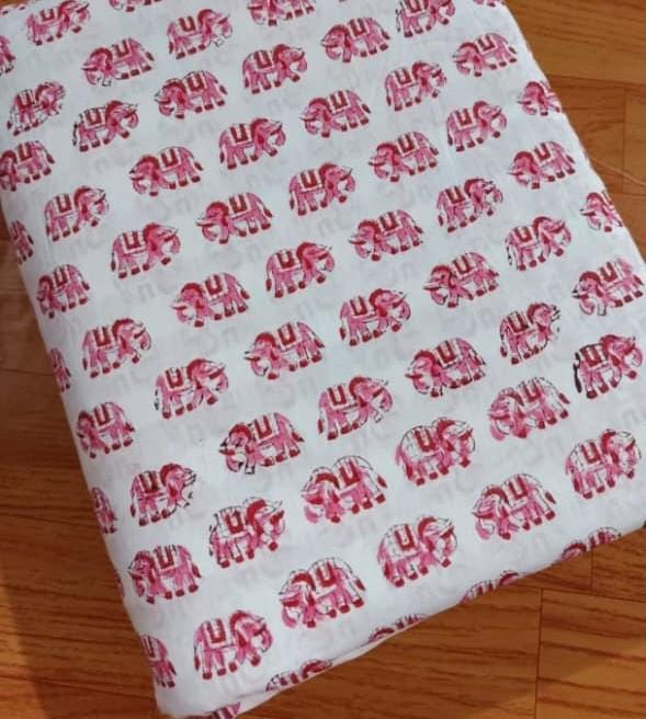 Red Elephant Block Print Cotton Fabric, Indian Hand Block Print Fabric, White Cotton Fabric by Yard, Quilting Sewing Craft elephant Fabric