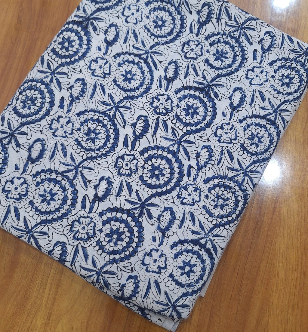 Blue Floral Block Print Cotton Fabric, Indian Hand Block Print Fabric by Yard, Boho Floral Cotton Fabric, Jaipur Print Quilting Craft Fabric