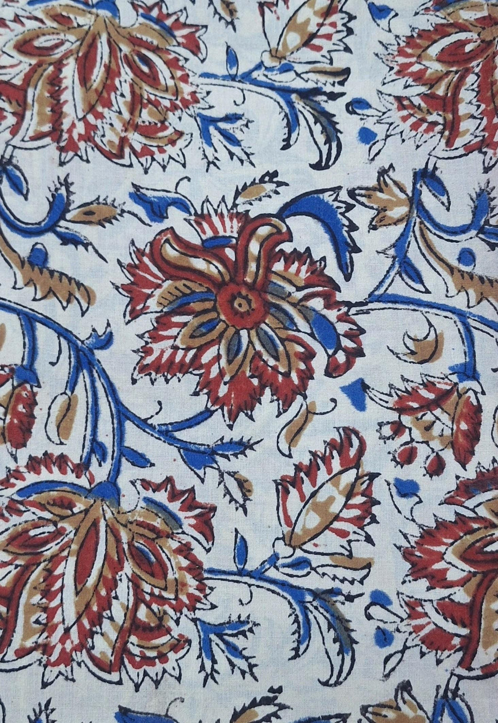 Indian Floral Block Print Cotton Fabric, Red Blue Botanical Cotton Fabric, Natural Cotton Fabric for Sewing, Dressmaking Fabric by Yard