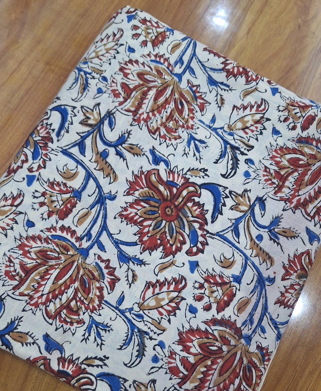 Indian Floral Block Print Cotton Fabric, Red Blue Botanical Cotton Fabric, Natural Cotton Fabric for Sewing, Dressmaking Fabric by Yard