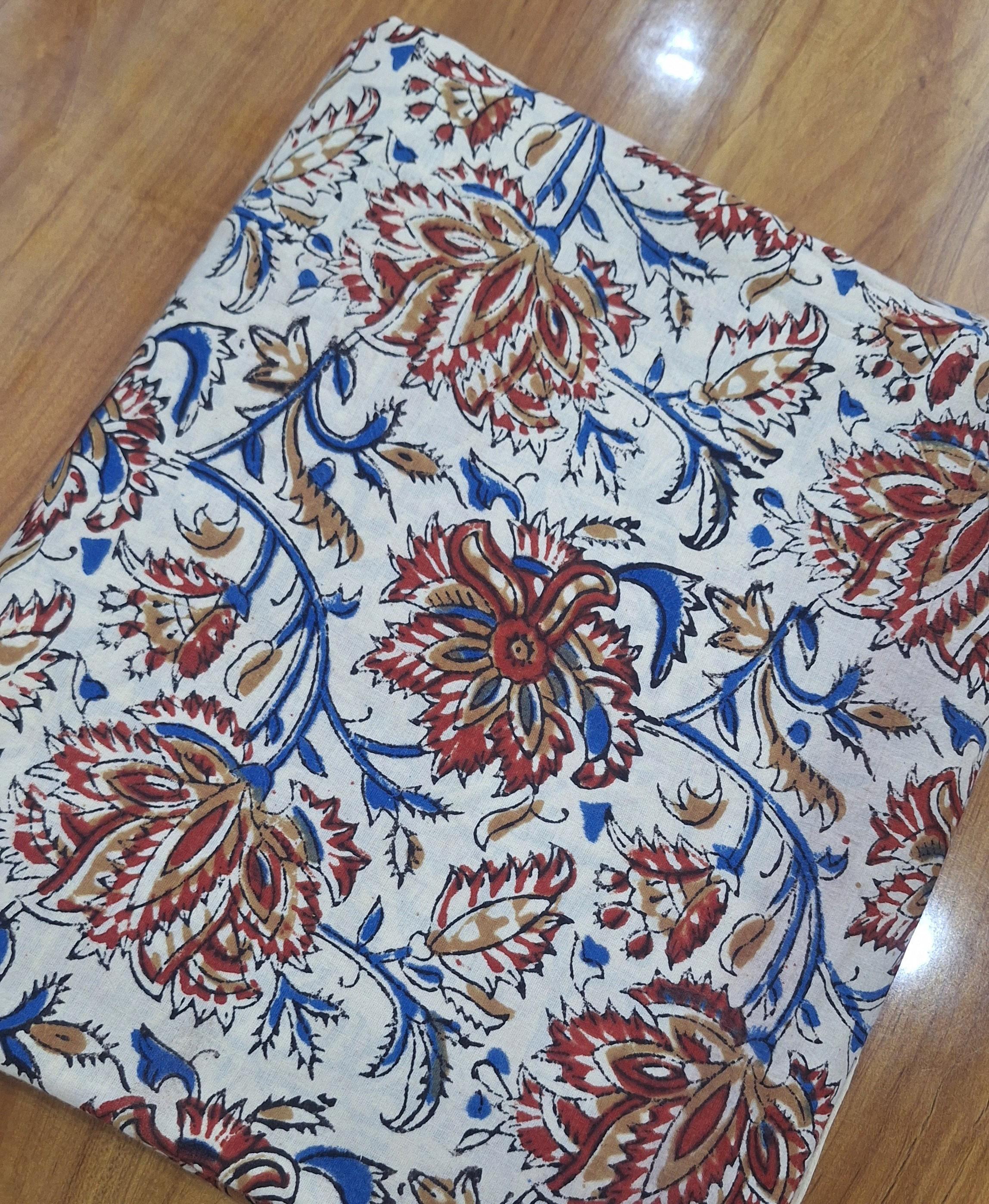 Indian Floral Block Print Cotton Fabric, Red Blue Botanical Cotton Fabric, Natural Cotton Fabric for Sewing, Dressmaking Fabric by Yard