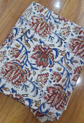Indian Floral Block Print Cotton Fabric, Red Blue Botanical Cotton Fabric, Natural Cotton Fabric for Sewing, Dressmaking Fabric by Yard