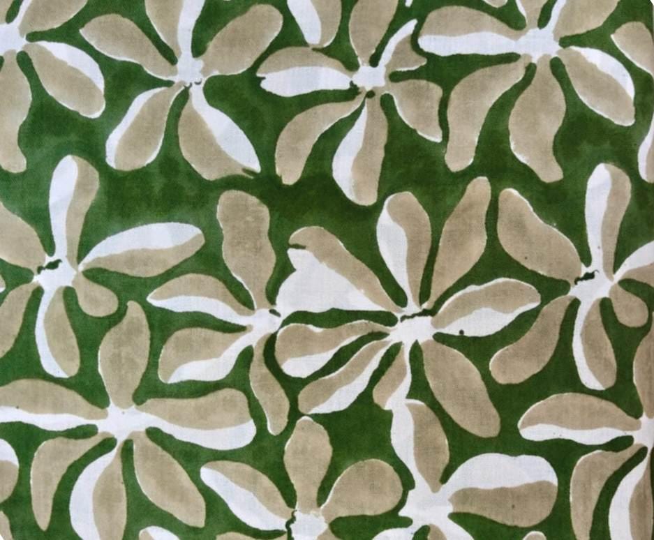 Green Floral Cotton Fabric, Indian Block Print Fabric, Beige White Flower Cotton Fabric, Hand Block Printed Fabric by the Yard Fabric