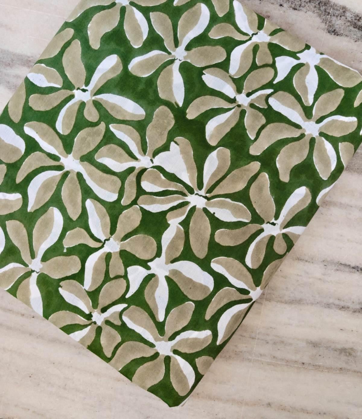 Green Floral Cotton Fabric, Indian Block Print Fabric, Beige White Flower Cotton Fabric, Hand Block Printed Fabric by the Yard Fabric