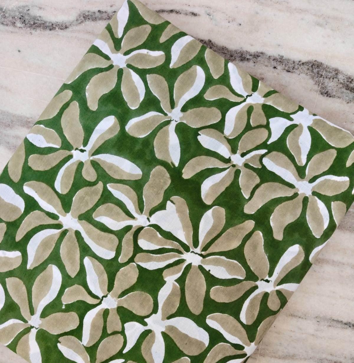 Green Floral Cotton Fabric, Indian Block Print Fabric, Beige White Flower Cotton Fabric, Hand Block Printed Fabric by the Yard Fabric