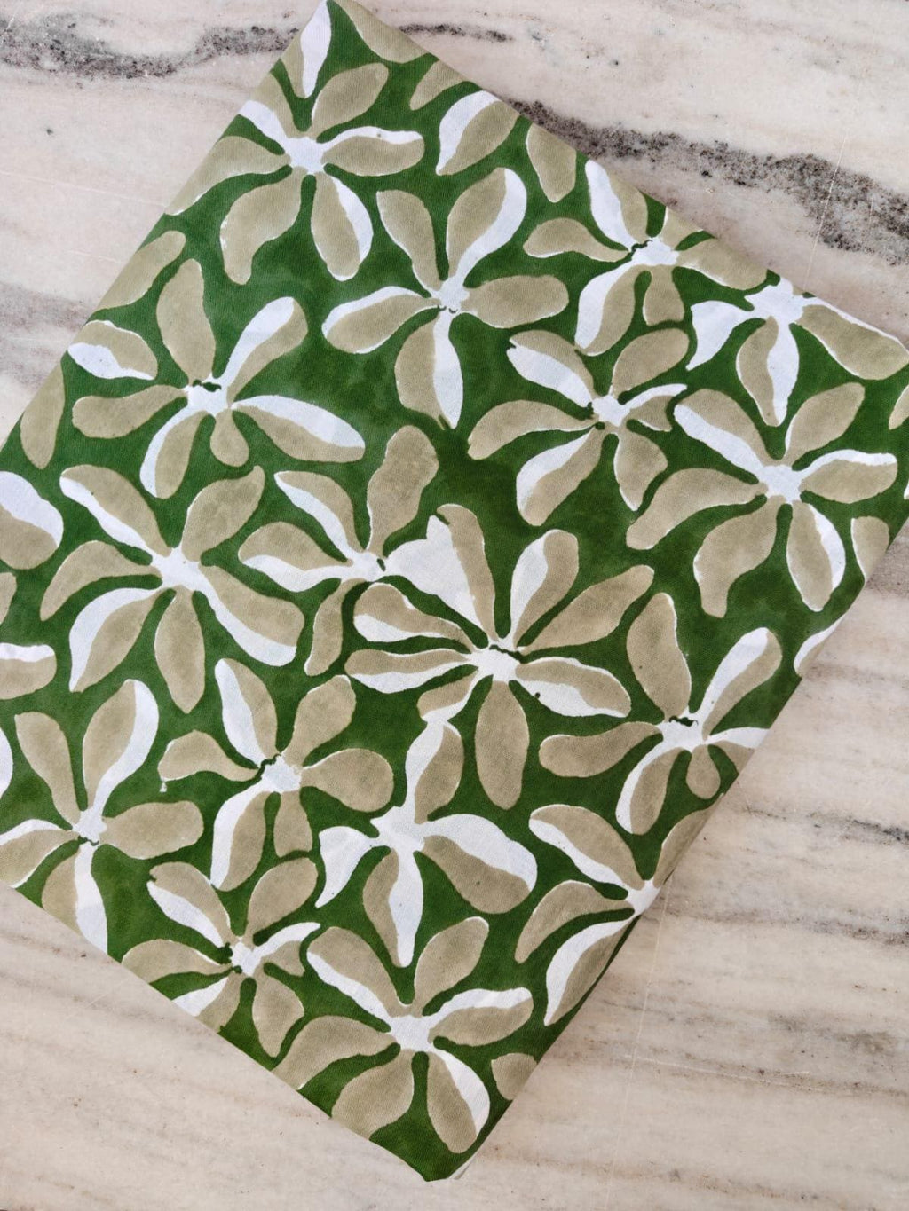Green Floral Cotton Fabric, Indian Block Print Fabric, Beige White Flower Cotton Fabric, Hand Block Printed Fabric by the Yard Fabric