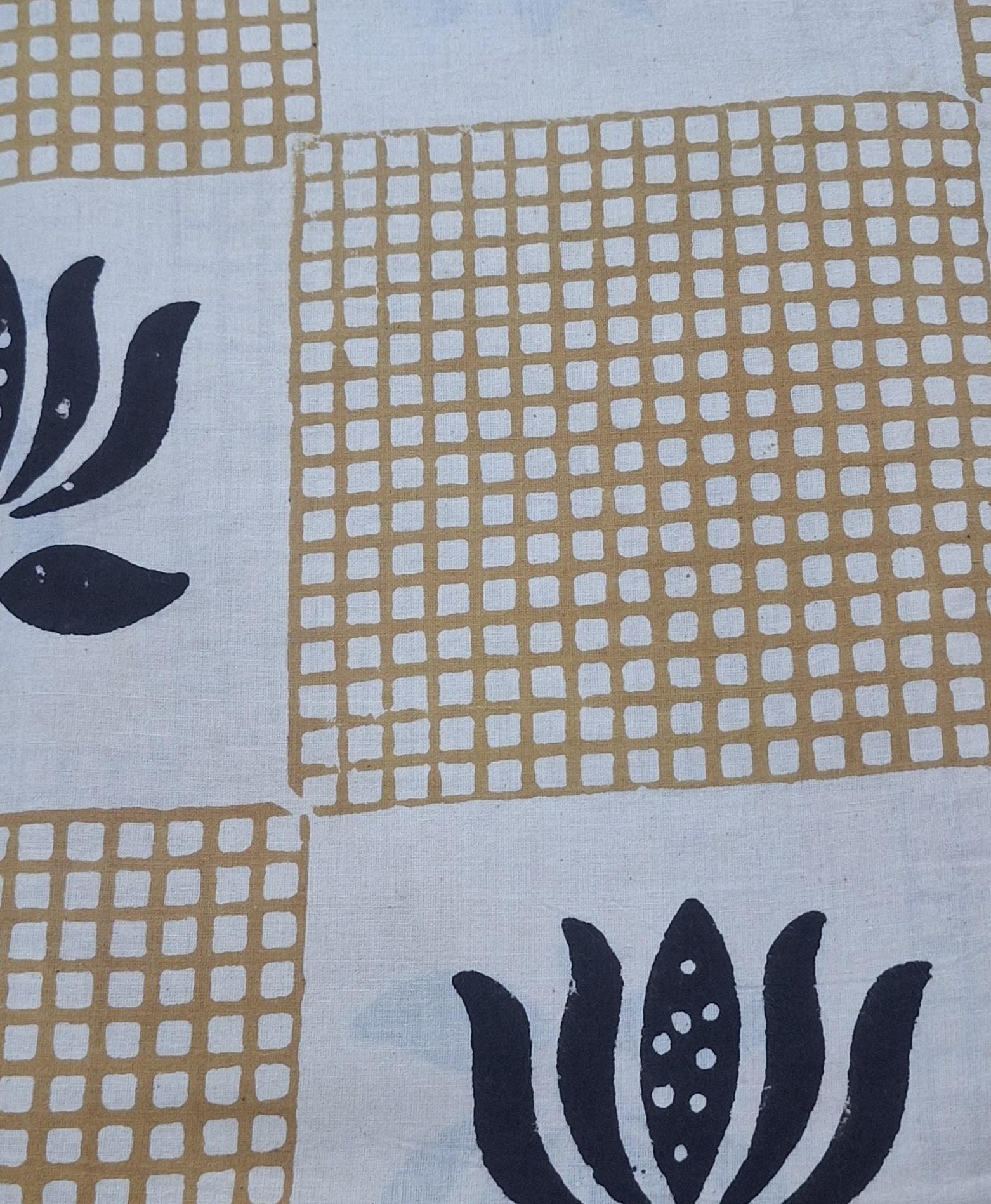Geometric Floral Cotton Fabric, Modern Block Print Cotton Fabric, Beige Black Botanical Fabric for Quilting Minimalist Cotton Fabric by Yard