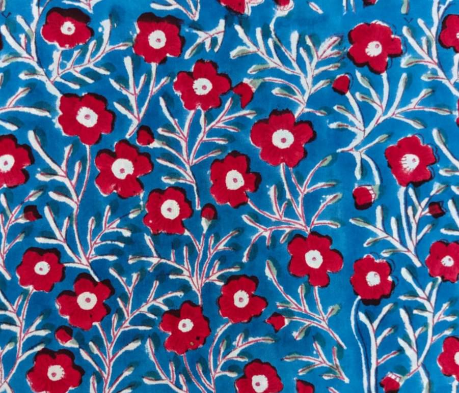 Blue Floral Cotton Fabric, Hand Block Print Fabric, Red Flower Cotton Cloth, Indian Cotton Dressmaking Fabric Quilting Fabric by Yard Sarong